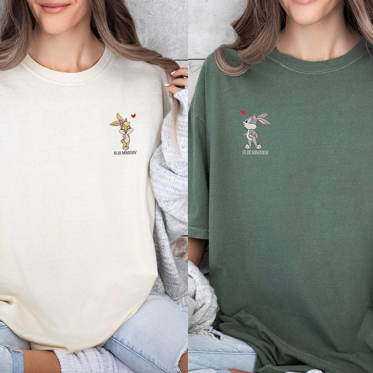 Custom Embroidered Cute Cartoon Rabbits T-shirts for Couples
