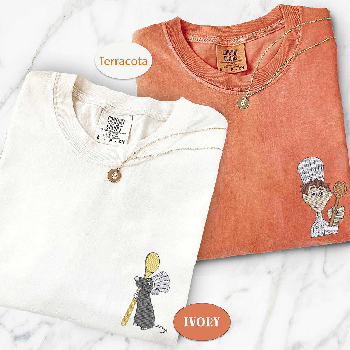 Custom Embroidered Cute Chef x Mouse Cartoons Matching T-shirts for Couples