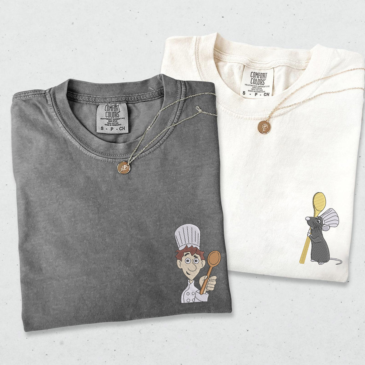 Custom Embroidered Cute Chef x Mouse Cartoons Matching T-shirts for Couples
