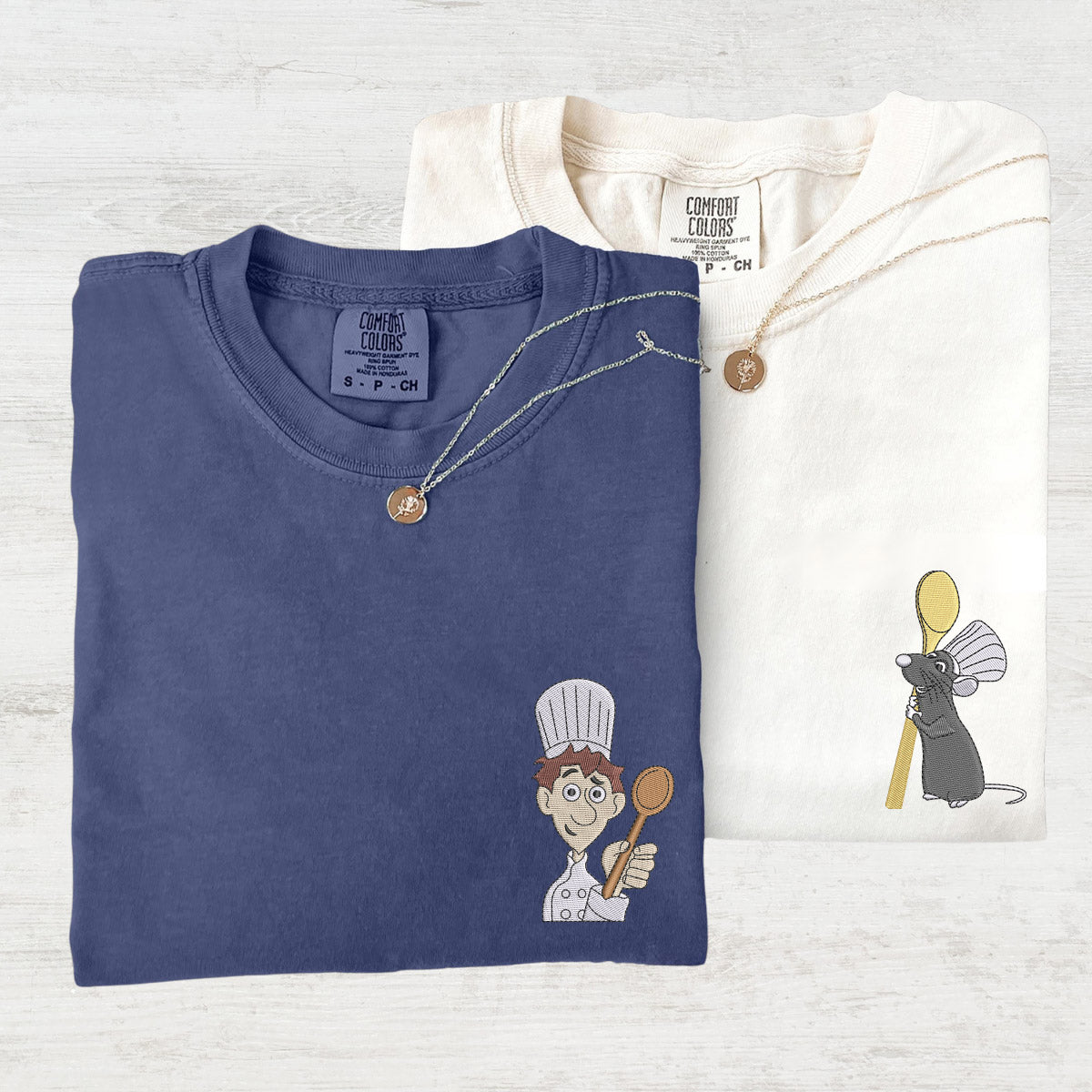 Custom Embroidered Cute Chef x Mouse Cartoons Matching T-shirts for Couples