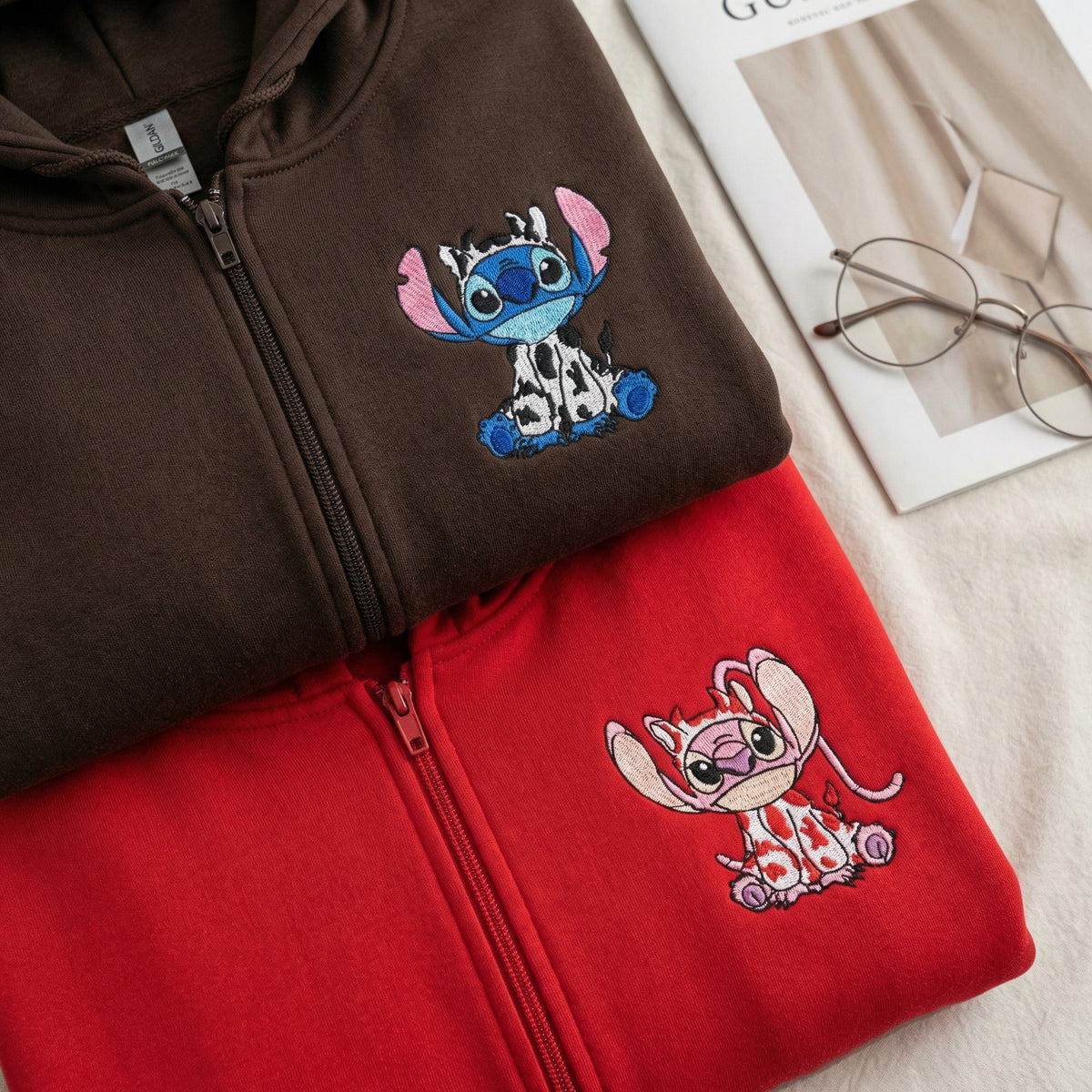 Custom Embroidered Cute Cow Cartoon Duo Quarter Zip Sweatshirts - Matching Full-Zip Hoodie