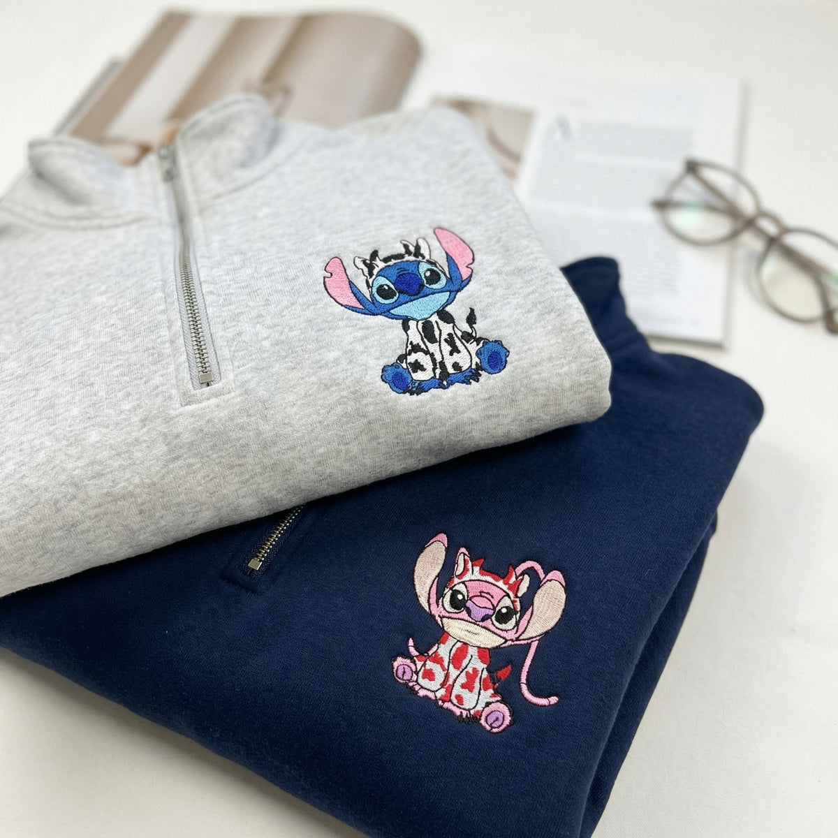 Custom Embroidered Cute Cow Cartoon Duo Quarter Zip Sweatshirts - Matching Full-Zip Hoodie