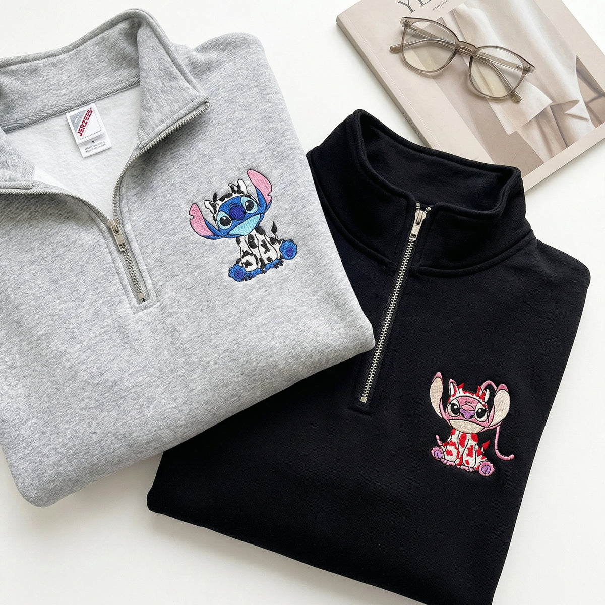Custom Embroidered Cute Cow Cartoon Duo Quarter Zip Sweatshirts - Matching Full-Zip Hoodie