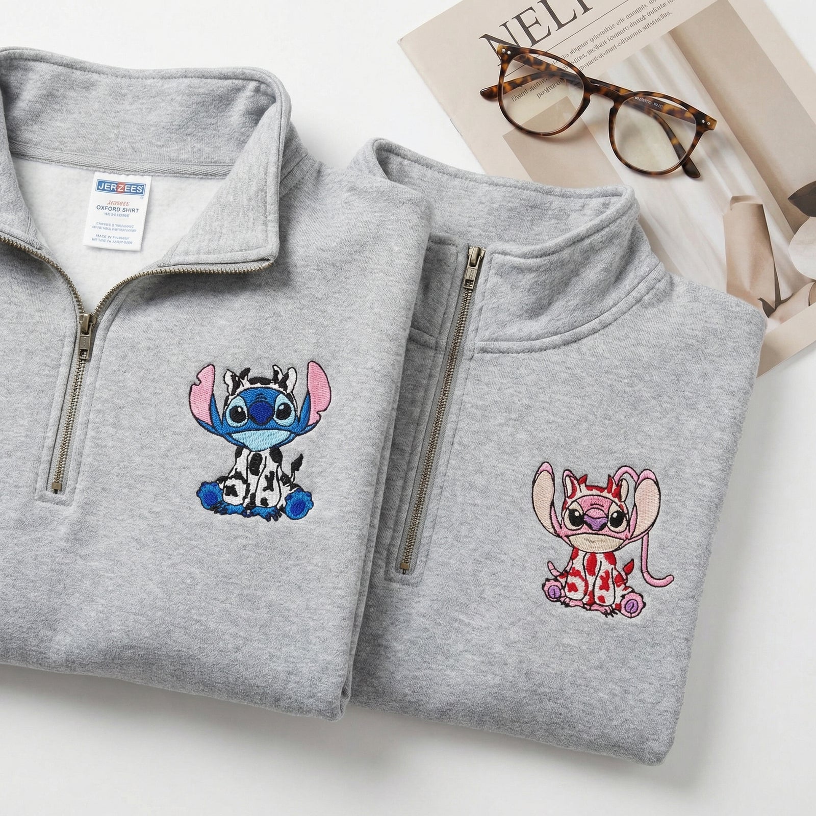 Custom Embroidered Cute Cow Cartoon Duo Quarter Zip Sweatshirts - Matching Full-Zip Hoodie