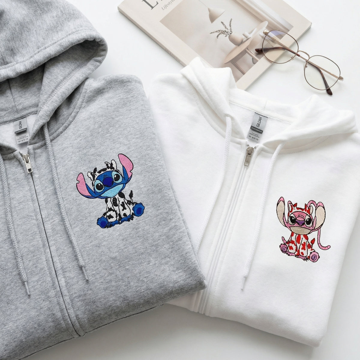 Custom Embroidered Cute Cow Cartoon Duo Quarter Zip Sweatshirts - Matching Full-Zip Hoodie