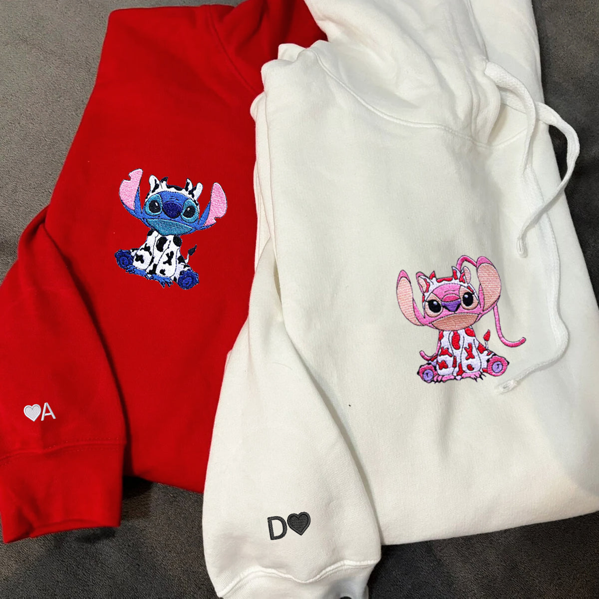 Custom Embroidered Cute Cow Outfit Cartoon Duo Matching Hoodies for Couples