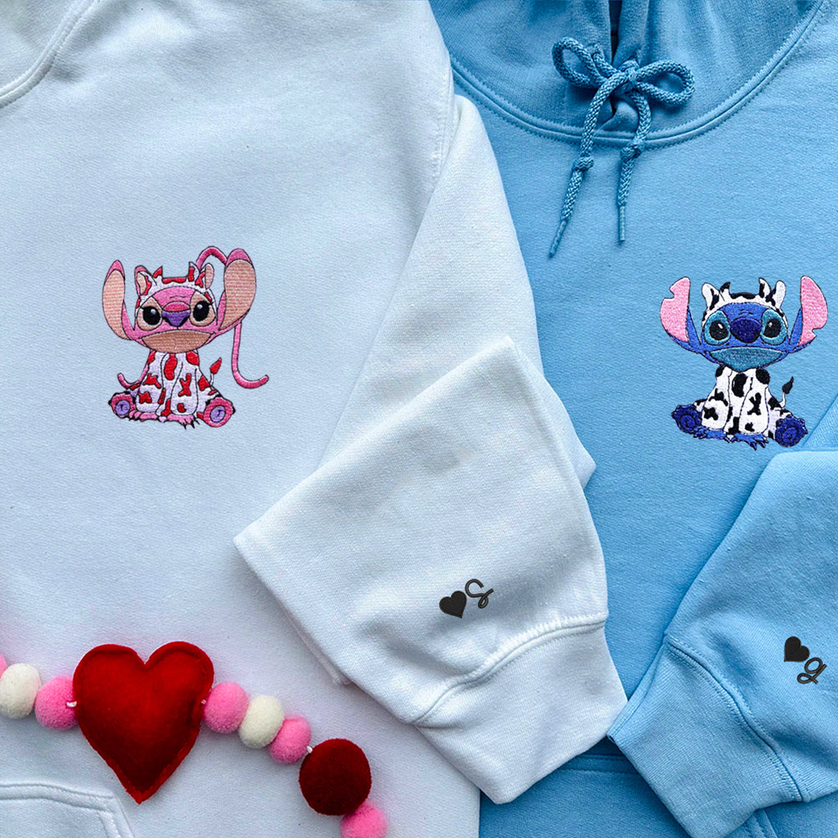 Custom Embroidered Cute Cow Outfit Cartoon Duo Matching Hoodies for Couples
