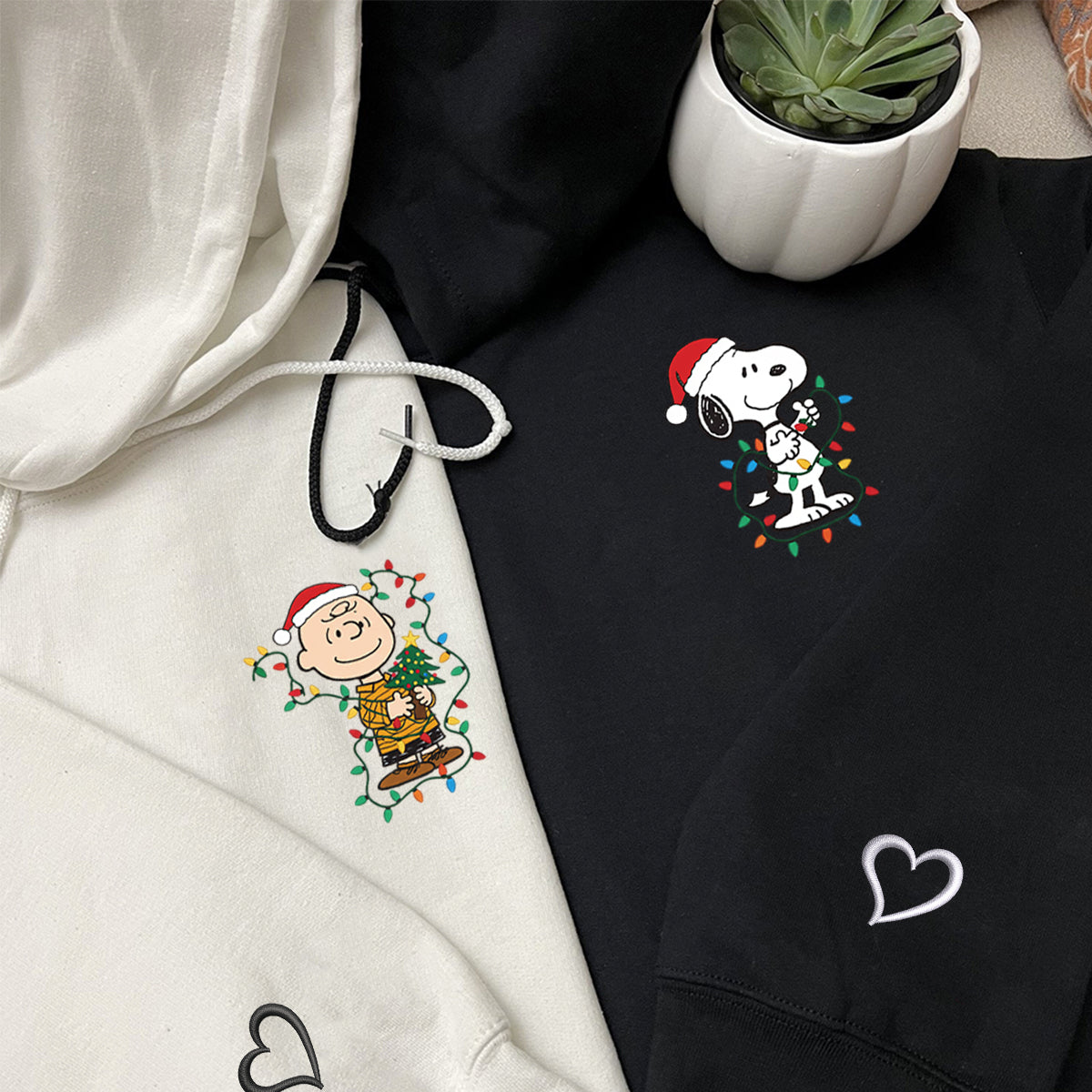 Custom Embroidered Cute Dog and Boy Christmas Lights Sweatshirt, Cozy Vintage Cartoon Hoodie Matching for Couples
