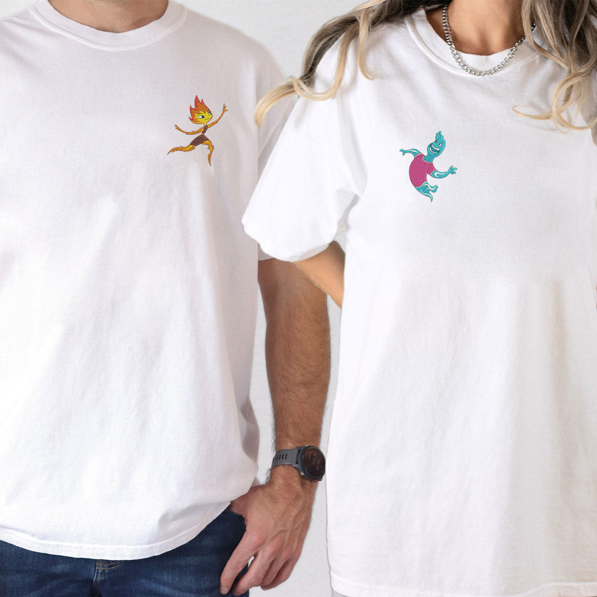 Custom Embroidered Cute Fire & Water V2 Couple Matching T-shirts