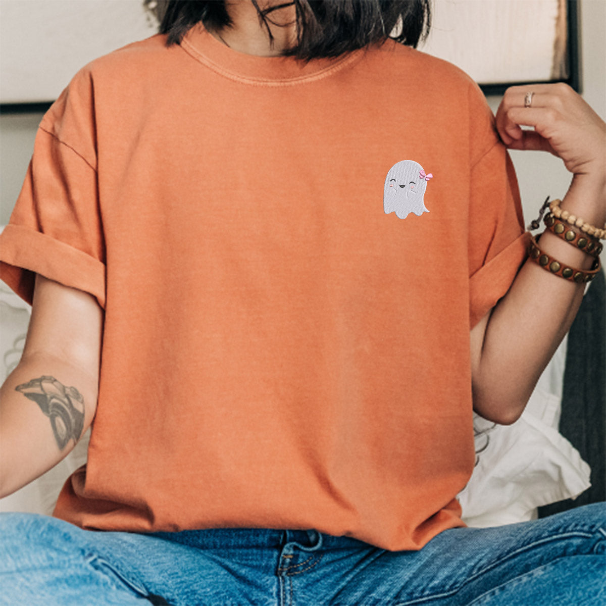 Custom Embroidered Cute Ghost Boo Matching T-shirts for Couples