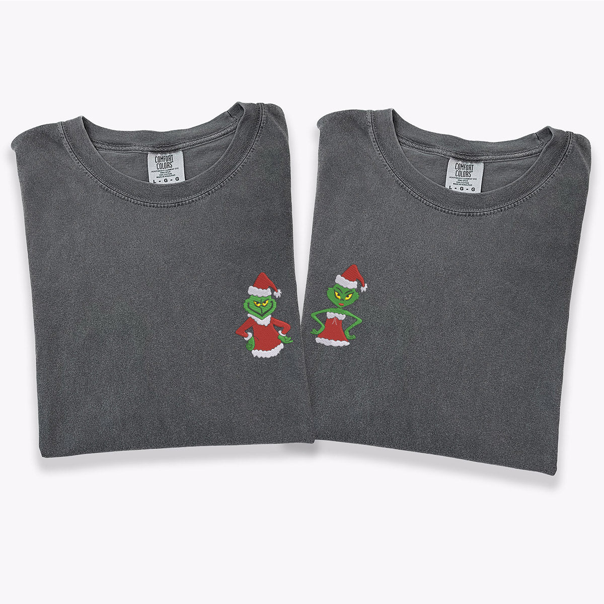 Custom Embroidered Cute Green Christmas Cartoons Matching T-shirts for Couples