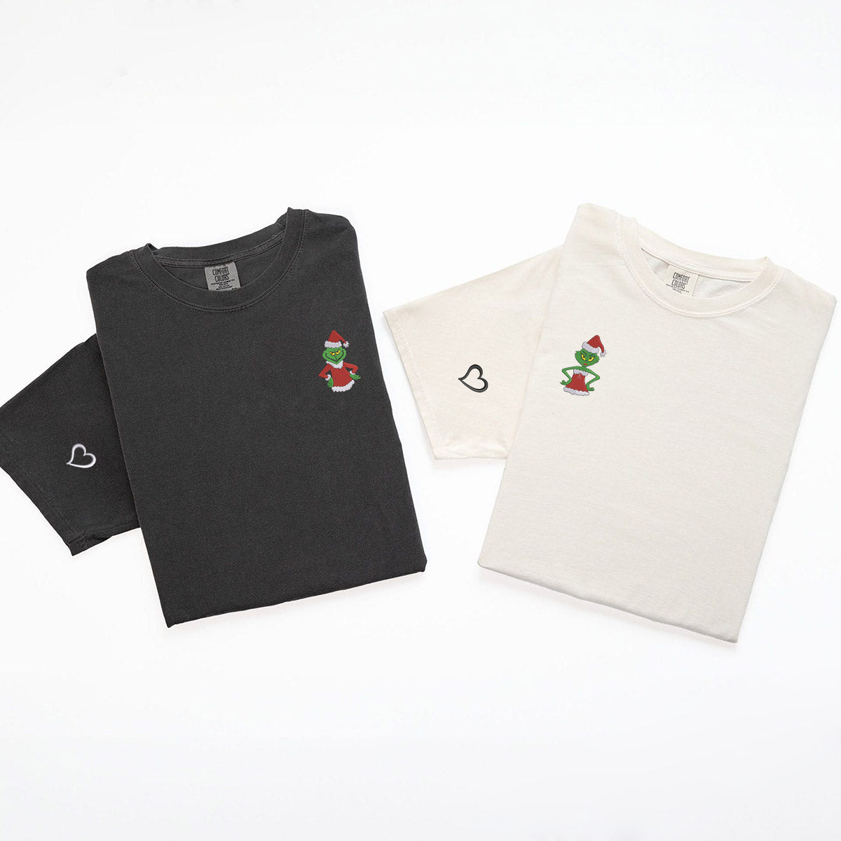 Custom Embroidered Cute Green Christmas Cartoons Matching T-shirts for Couples
