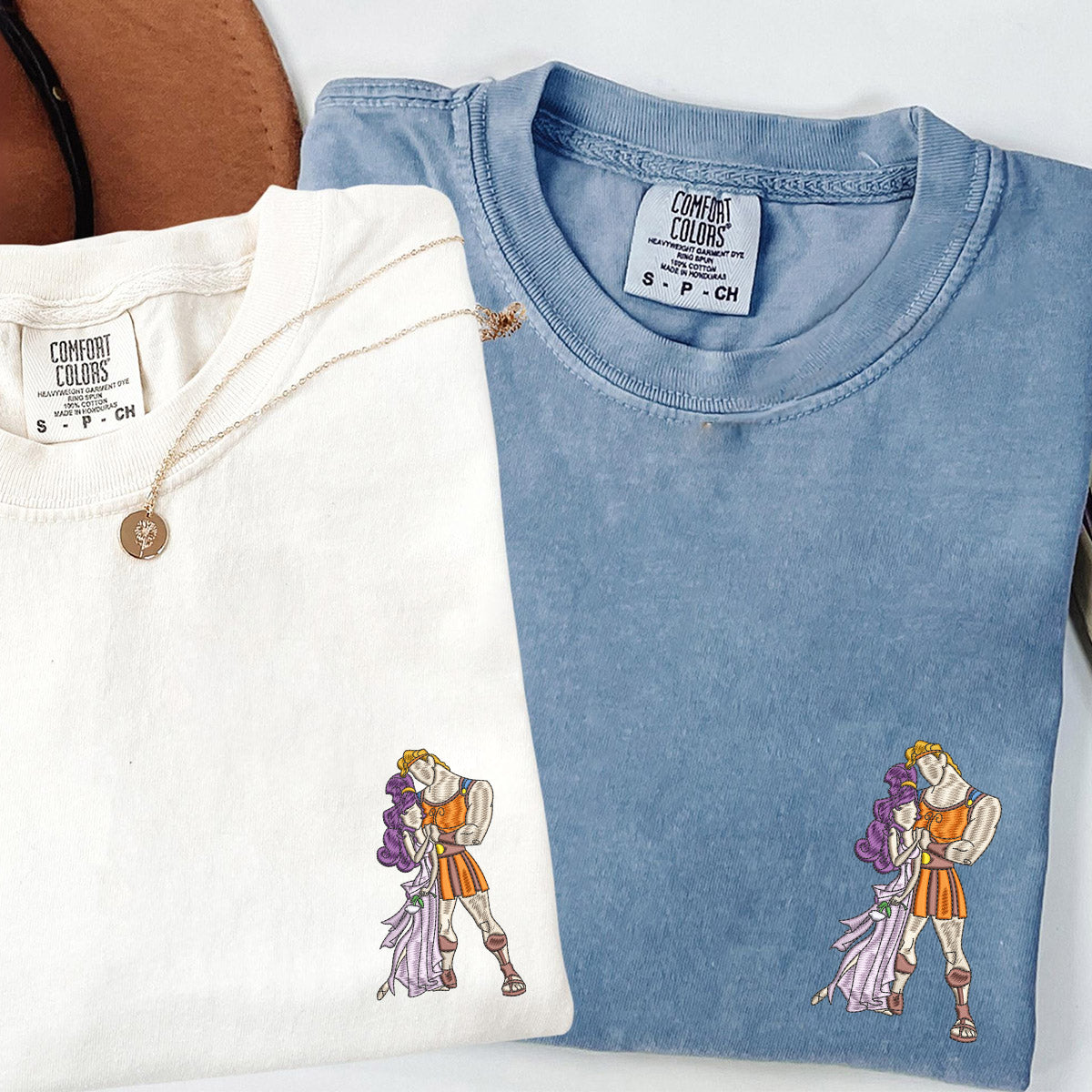 Custom Embroidered Cute His and Her Cartoons Matching T-shirts for Couples