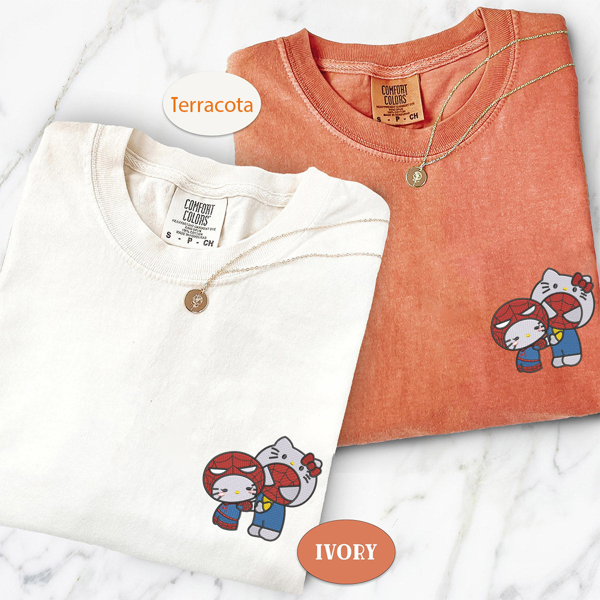 Custom Embroidered Cute Kitten and Spider Matching T-shirts for Couples