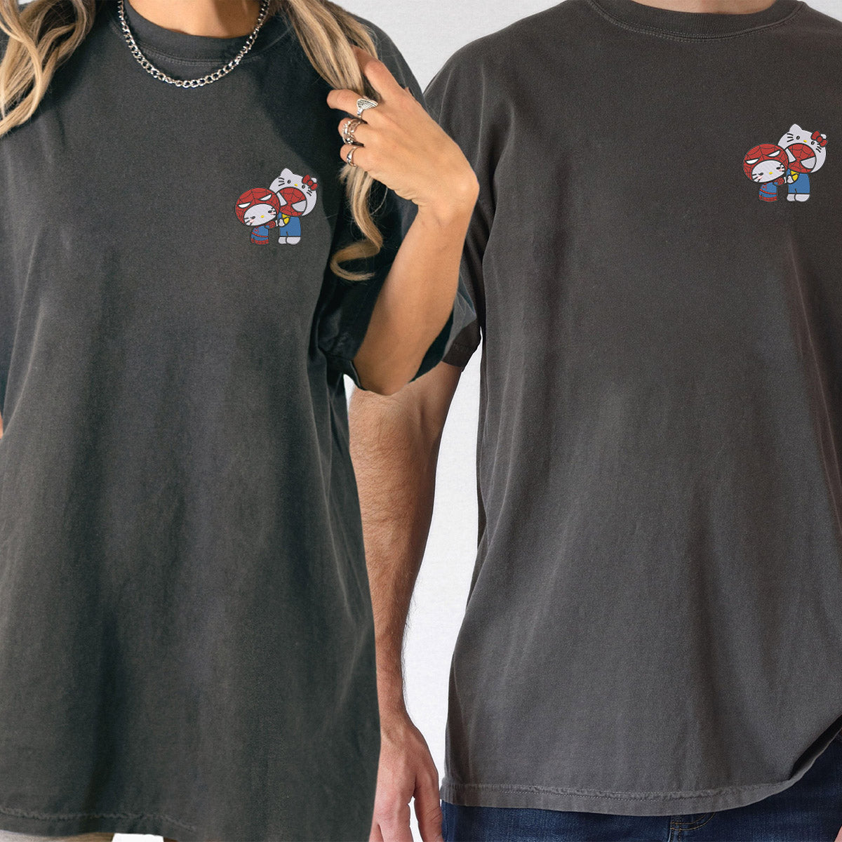 Custom Embroidered Cute Kitten and Spider Matching T-shirts for Couples