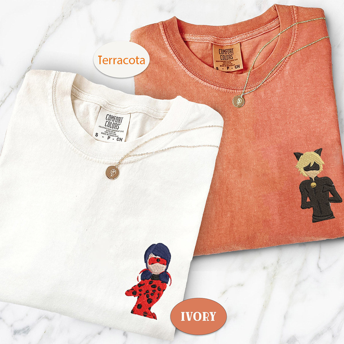 Custom Embroidered Cute Ladybug Cartoon Matching T-shirts for Couples