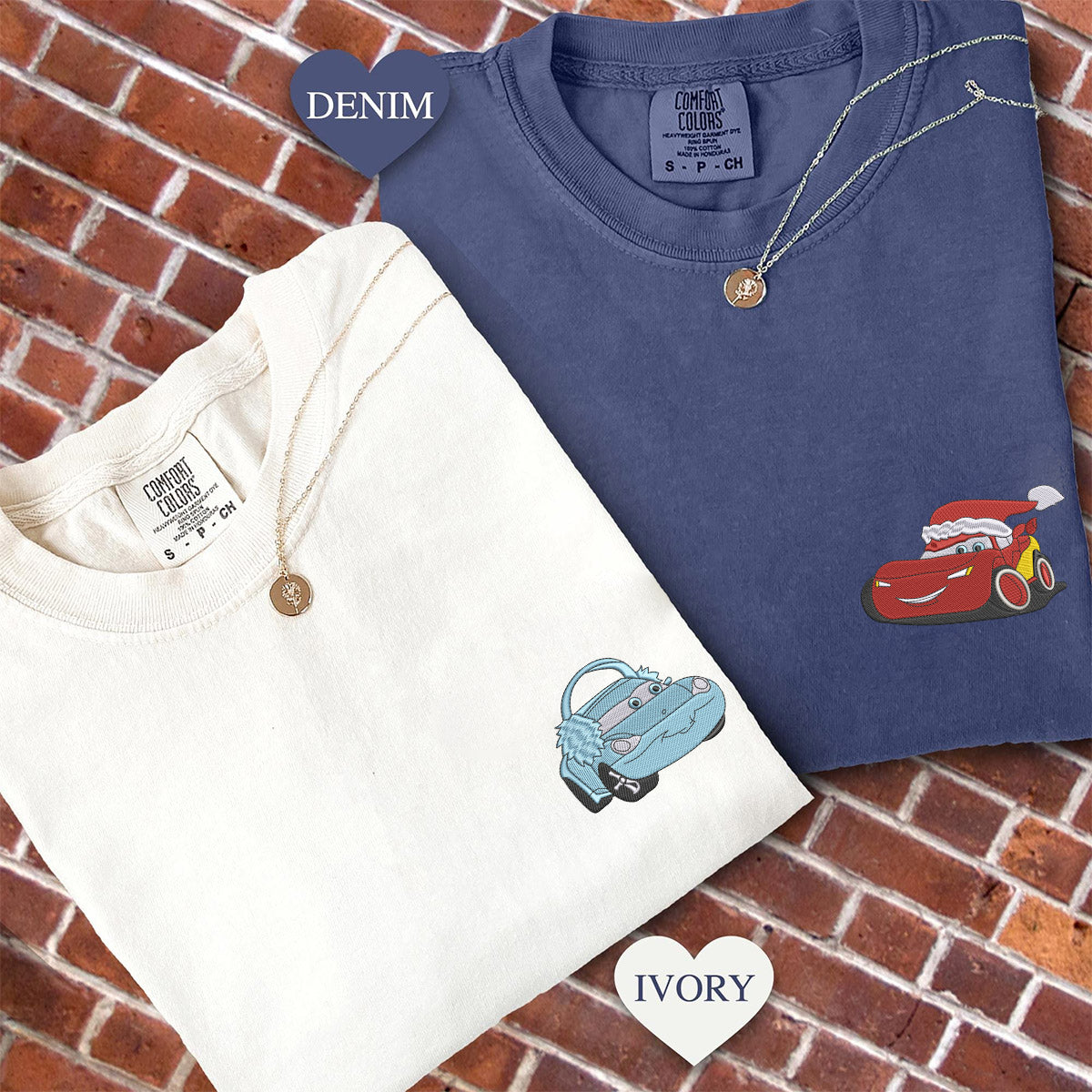 Custom Embroidered Cute McQueen x Sally Christmas T-shirts for Couples