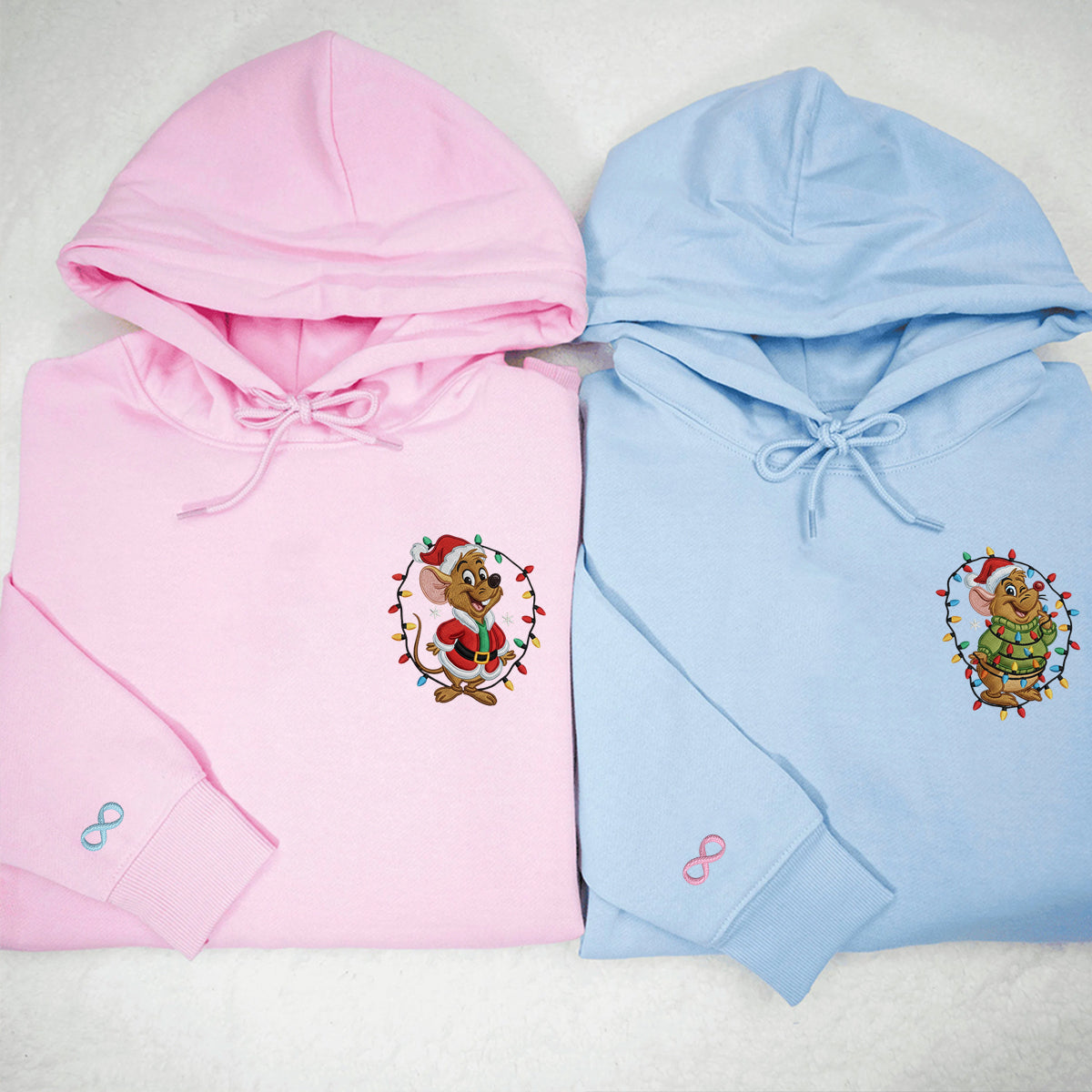 Custom Embroidered Cute Mouse Duo with Lights Xmas Hoodie, Festive Winter Style Sweatshirt Matching for Couples