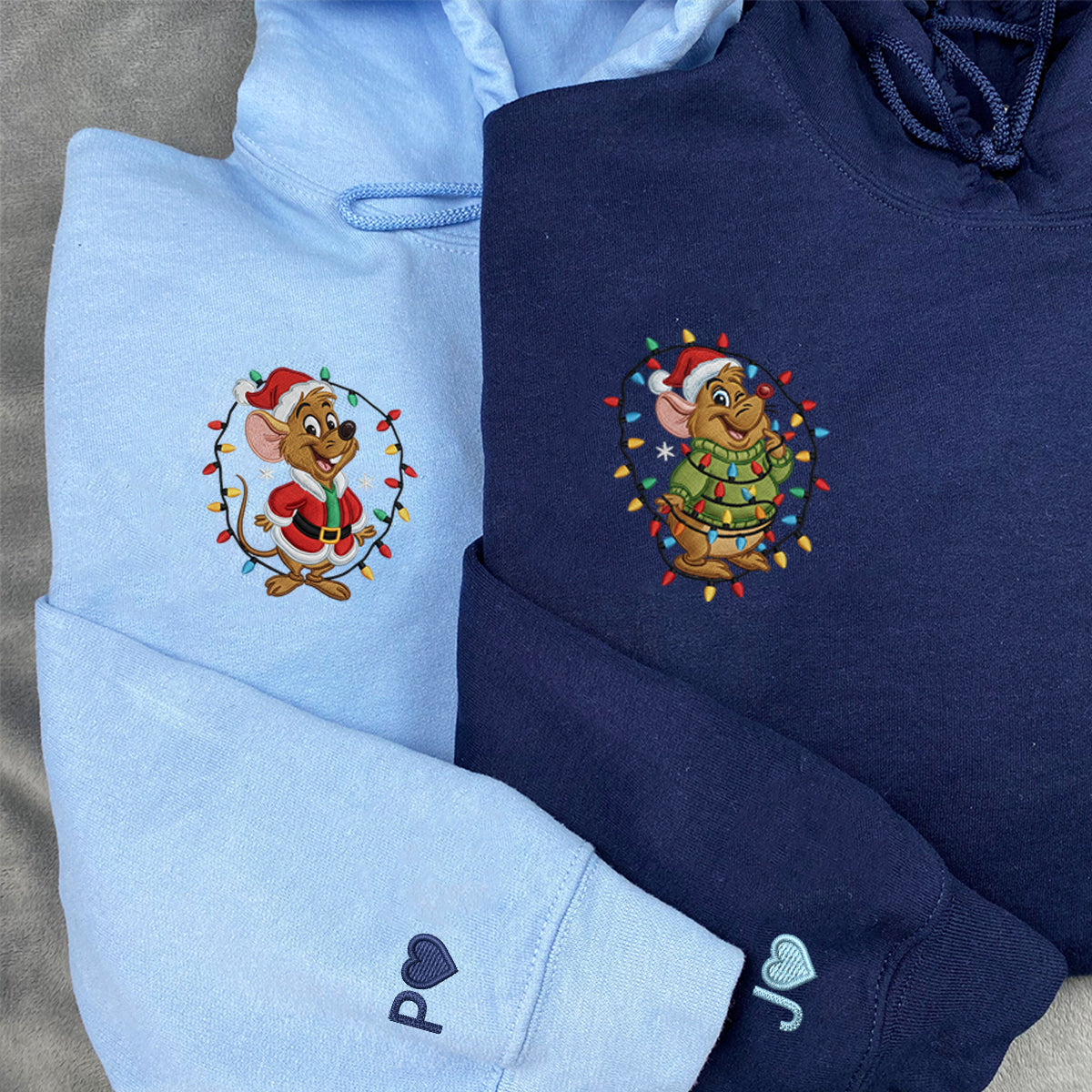 Custom Embroidered Cute Mouse Duo with Lights Xmas Hoodie, Festive Winter Style Sweatshirt Matching for Couples