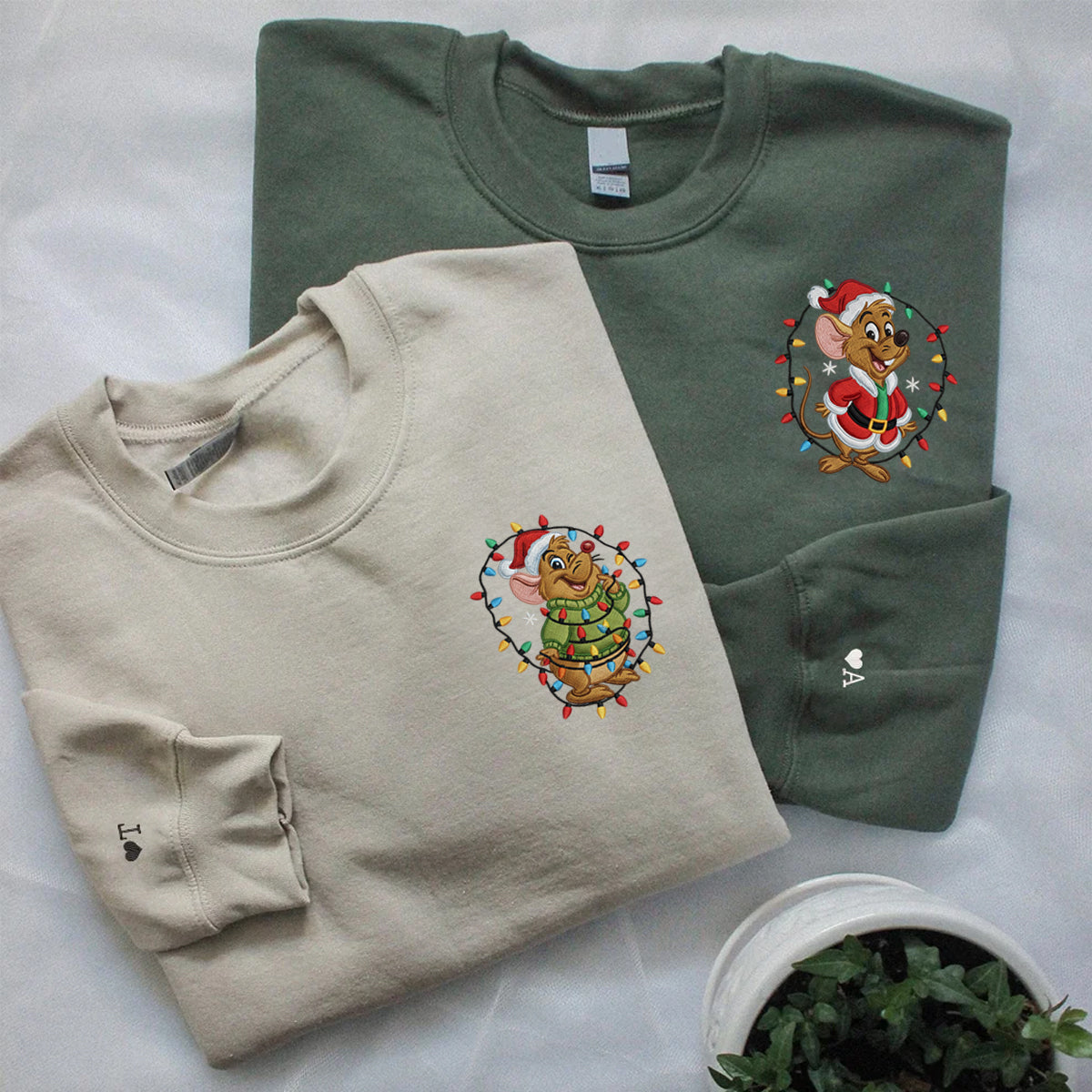 Custom Embroidered Cute Mouse Duo with Lights Xmas Hoodie, Festive Winter Style Sweatshirt Matching for Couples