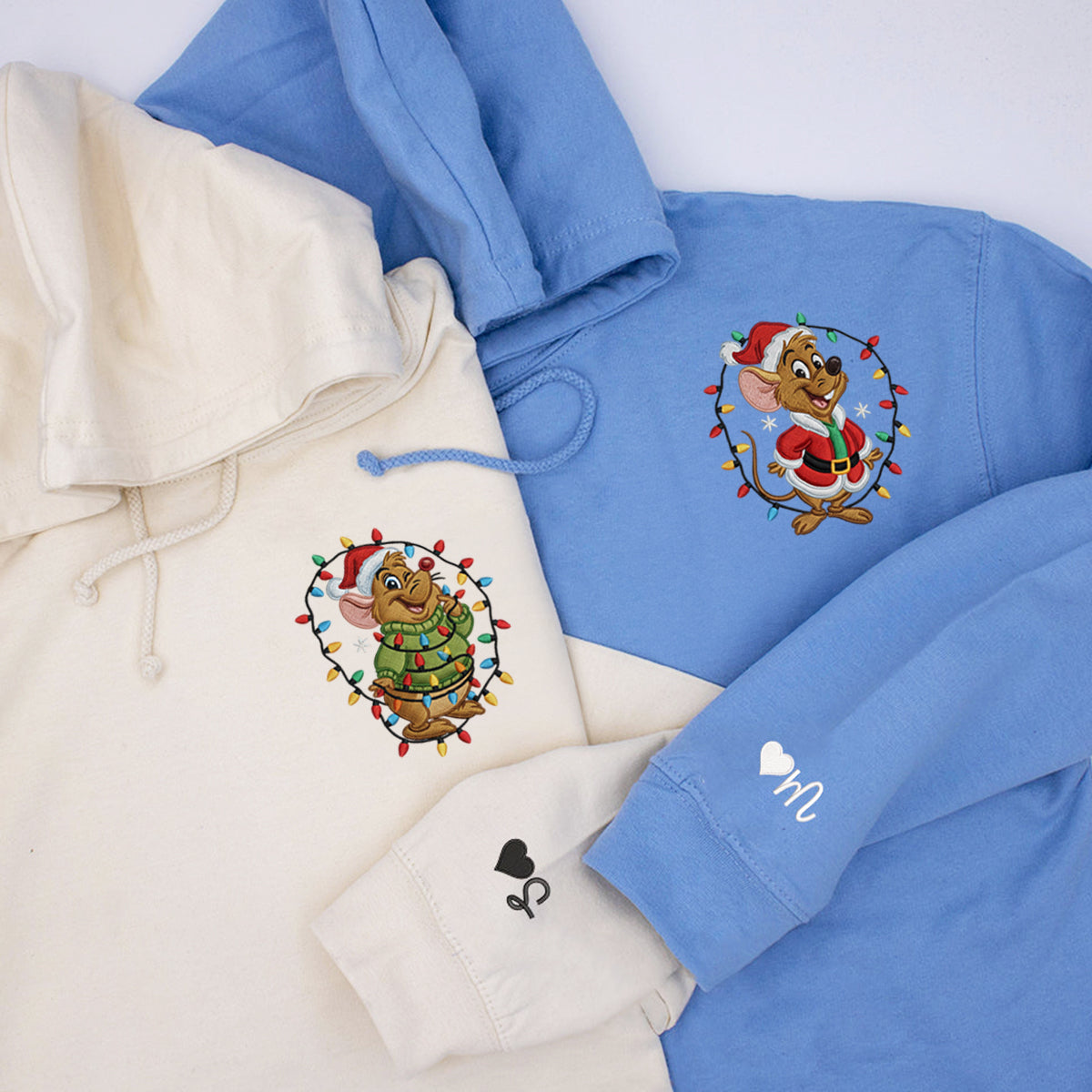 Custom Embroidered Cute Mouse Duo with Lights Xmas Hoodie, Festive Winter Style Sweatshirt Matching for Couples