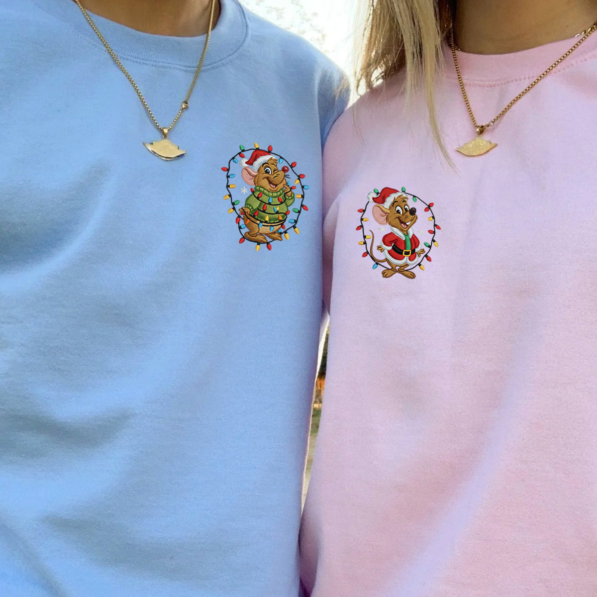 Custom Embroidered Cute Mouse Duo with Lights Xmas Hoodie, Festive Winter Style Sweatshirt Matching for Couples