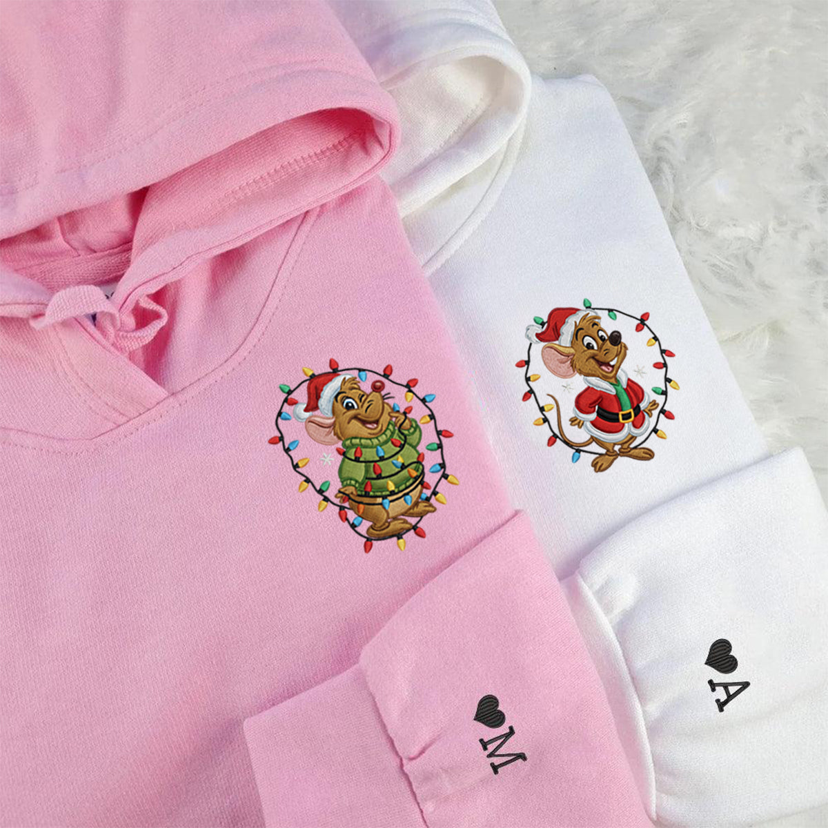 Custom Embroidered Cute Mouse Duo with Lights Xmas Hoodie, Festive Winter Style Sweatshirt Matching for Couples