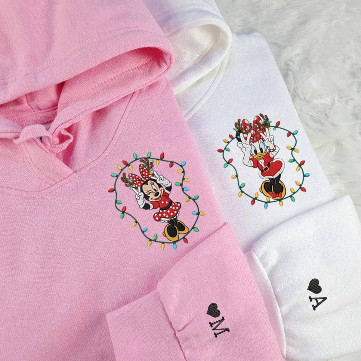 Custom Embroidered Cute Mouse Girl &amp; Duck Bestie Christmas Sweatshirt, Festive Holiday Lights Hoodie Matching for Couples