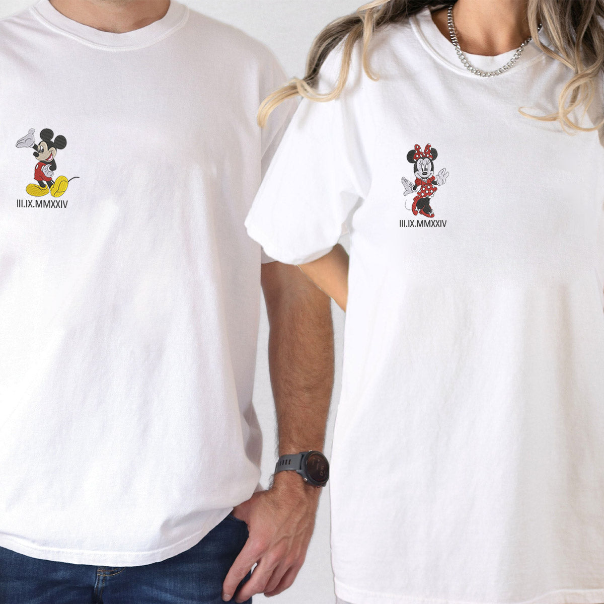 Custom Embroidered Cute Mouse Roman Numeral T-shirts for Couples