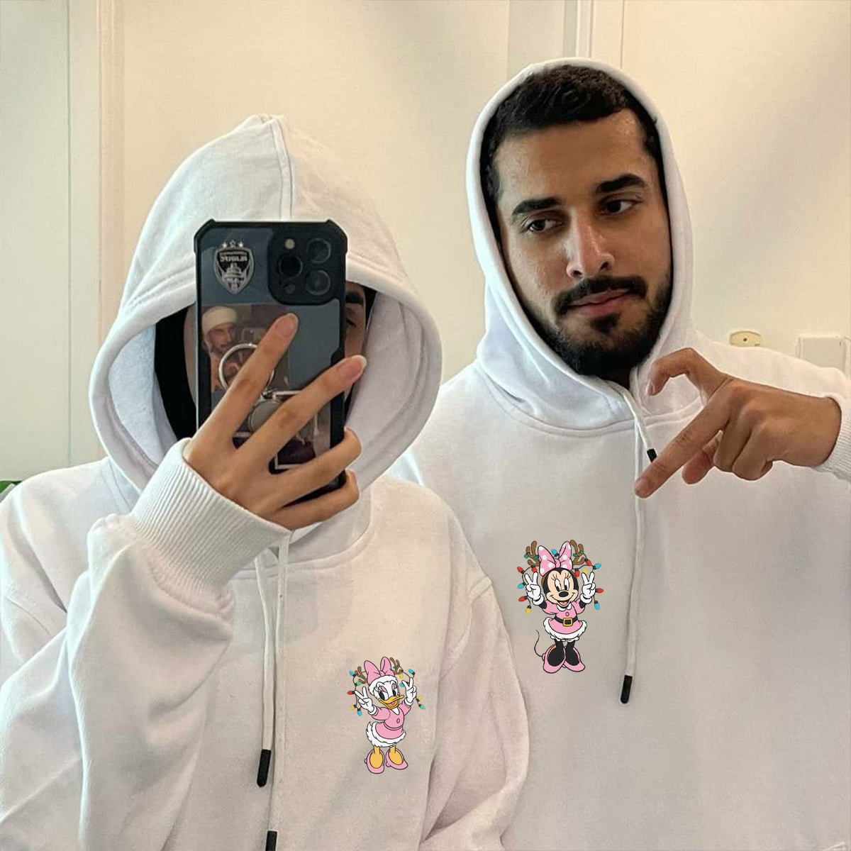 Custom Embroidered Cute Mouse and Duck Friends Xmas Sweatshirt - Festive Winter Style Hoodie Matching for Couples