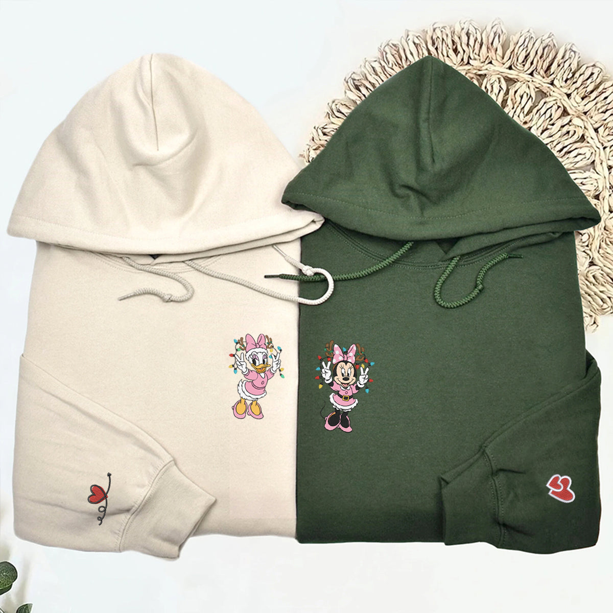 Custom Embroidered Cute Mouse and Duck Friends Xmas Sweatshirt - Festive Winter Style Hoodie Matching for Couples