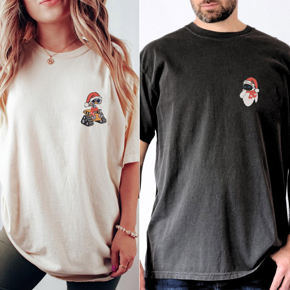 Custom Embroidered Cute Robot Christmas Matching T-shirts for Couples