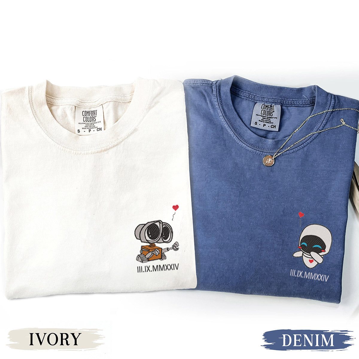 Custom Embroidered Cute Robot Couple Balloon Cartoon T-shirts for Couples