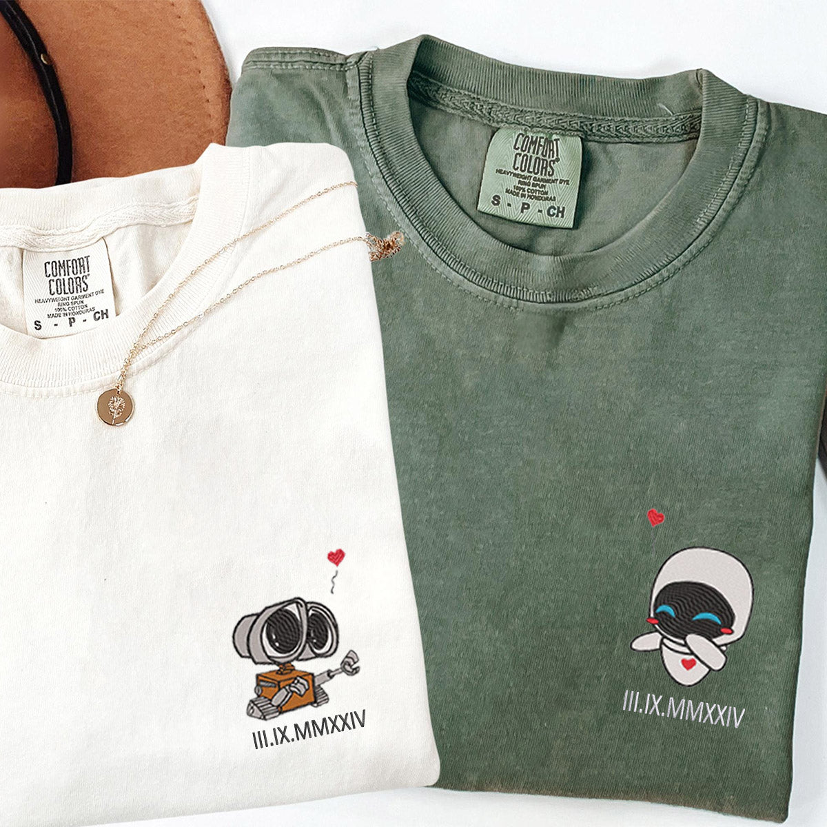 Custom Embroidered Cute Robot Couple Balloon Cartoon T-shirts for Couples