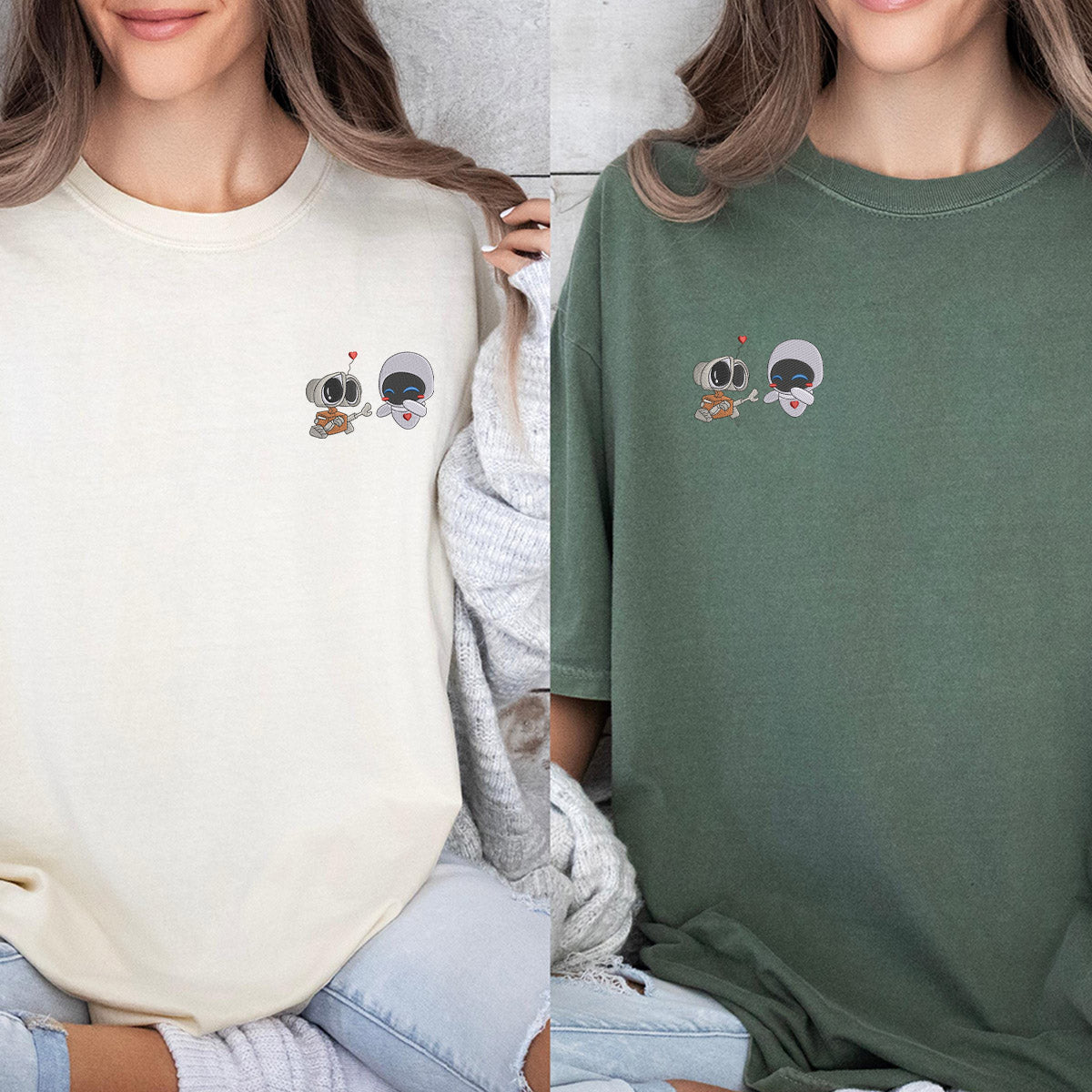 Custom Embroidered Cute Robot Couple T-shirts for Couples