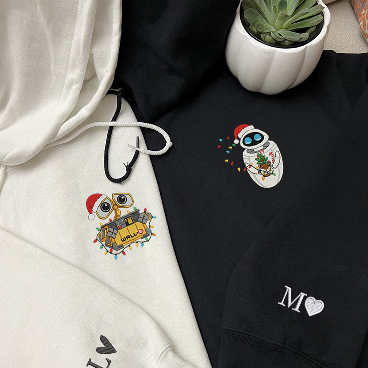 Custom Embroidered Cute Robot Pair Merry Xmas Sweatshirt, Festive Winter Style Matching for Couples