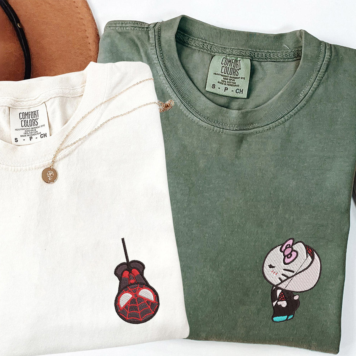 Custom Embroidered Cute Spider Boy x Kitten Girl Matching T-shirts for Couples