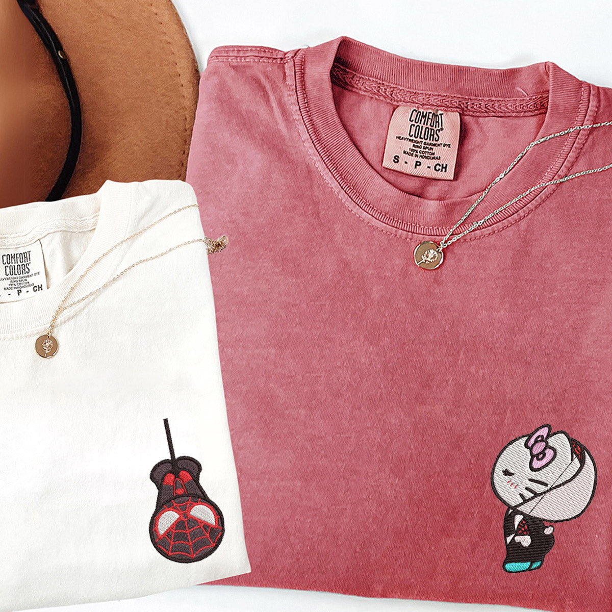 Custom Embroidered Cute Spider Boy x Kitten Girl Matching T-shirts for Couples