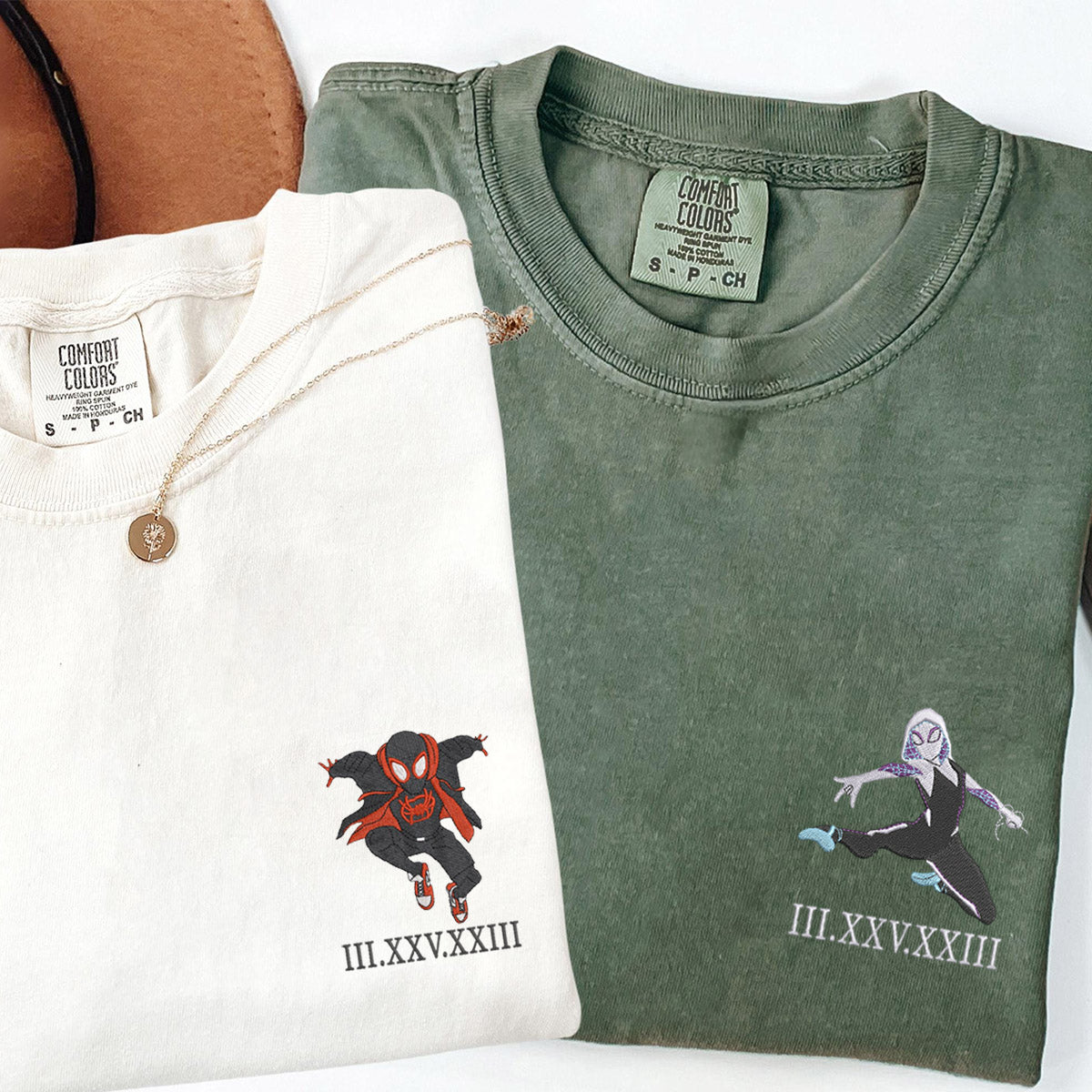 Custom Embroidered Cute Spider Superhero Roman Numeral T-shirts for Couples