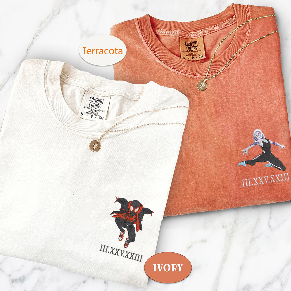 Custom Embroidered Cute Spider Superhero Roman Numeral T-shirts for Couples