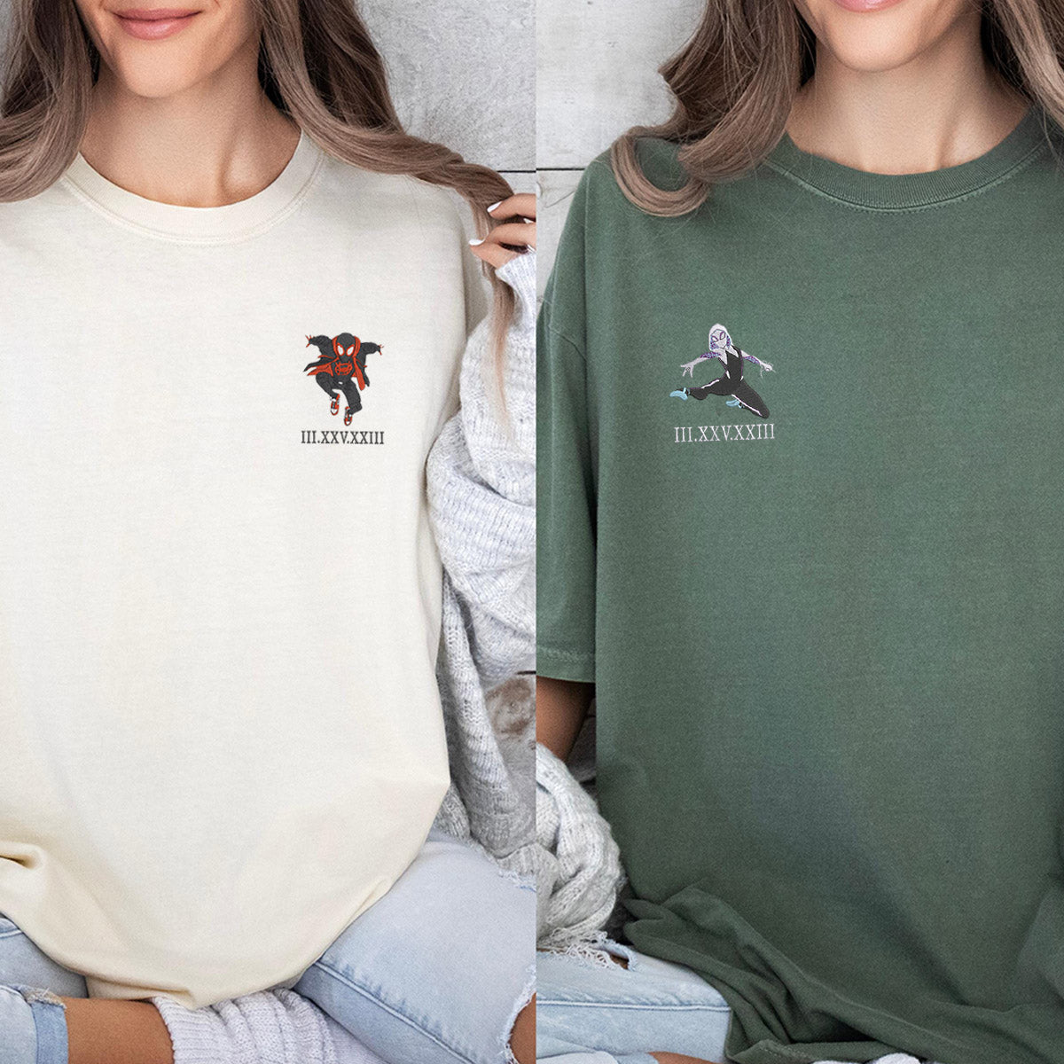 Custom Embroidered Cute Spider Superhero Roman Numeral T-shirts for Couples