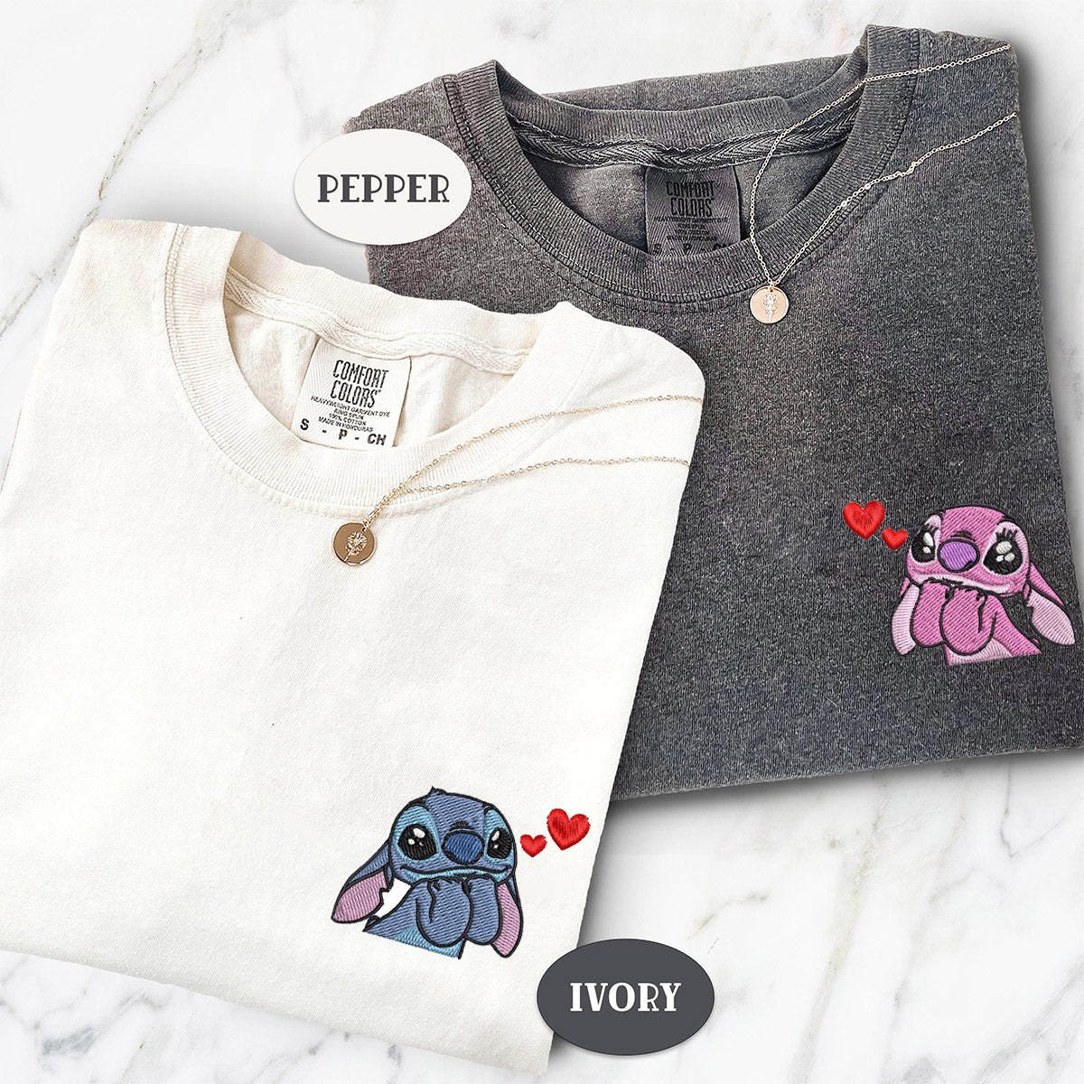 Custom Embroidered Cute Stitch x Angel Matching T-shirts for Couples