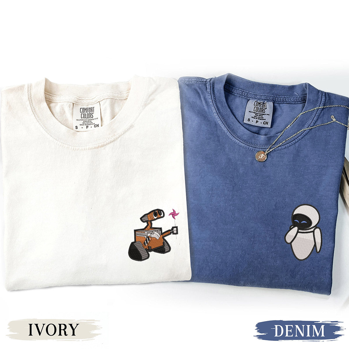 Custom Embroidered Cute Walle x Eve Matching T-shirts for Couples