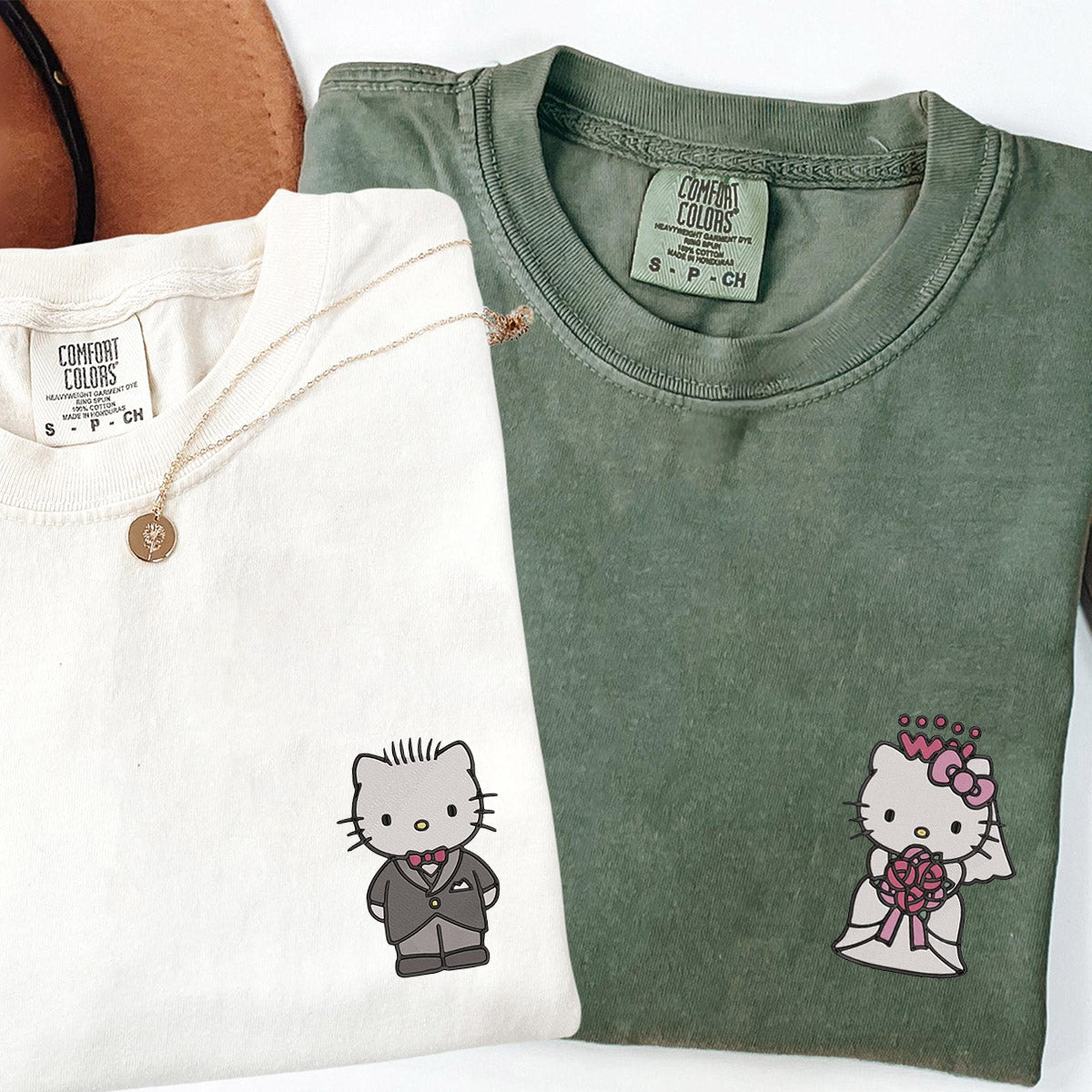 Custom Embroidered Cute Wedding Cartoon Kitten Matching T-shirts for Couples