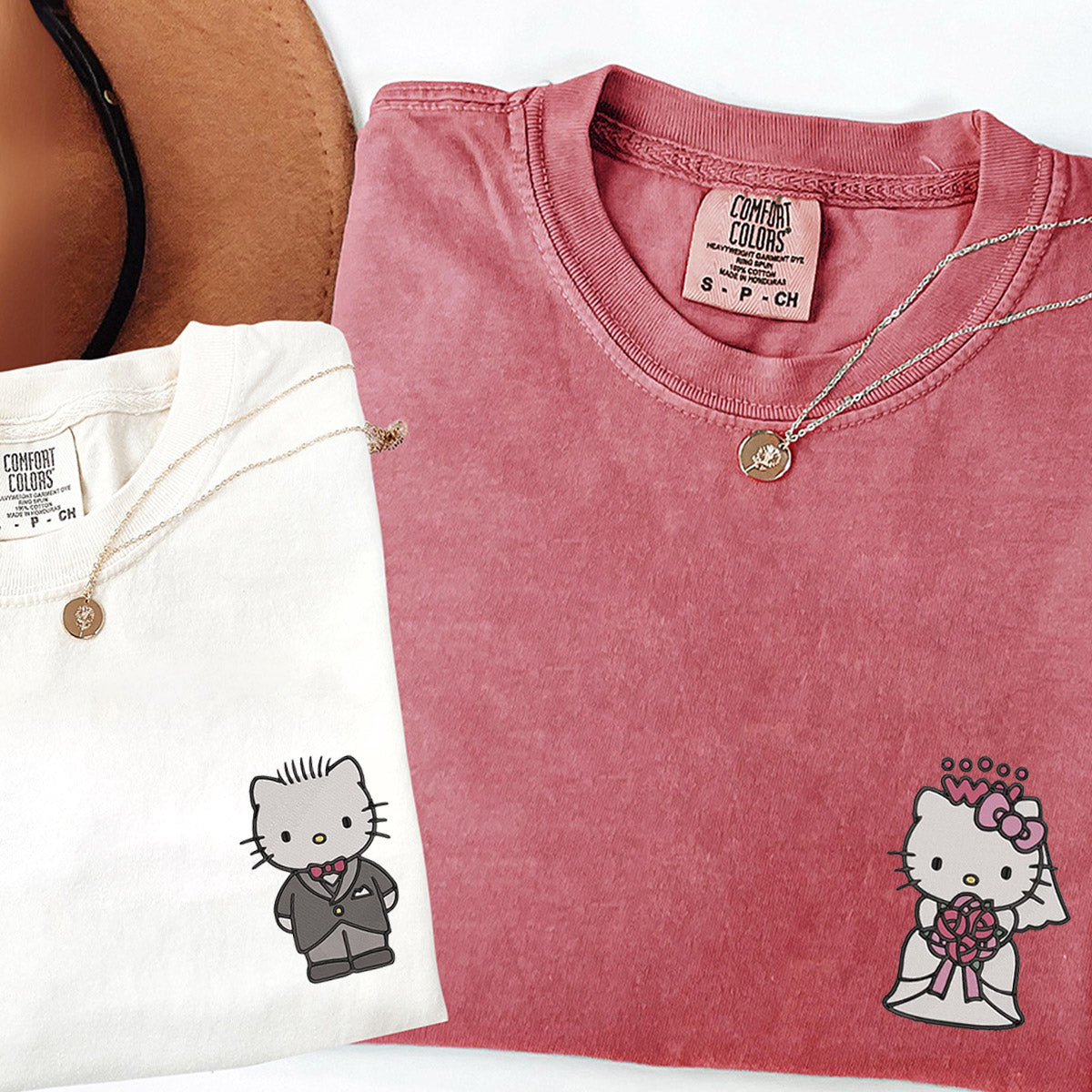 Custom Embroidered Cute Wedding Cartoon Kitten Matching T-shirts for Couples