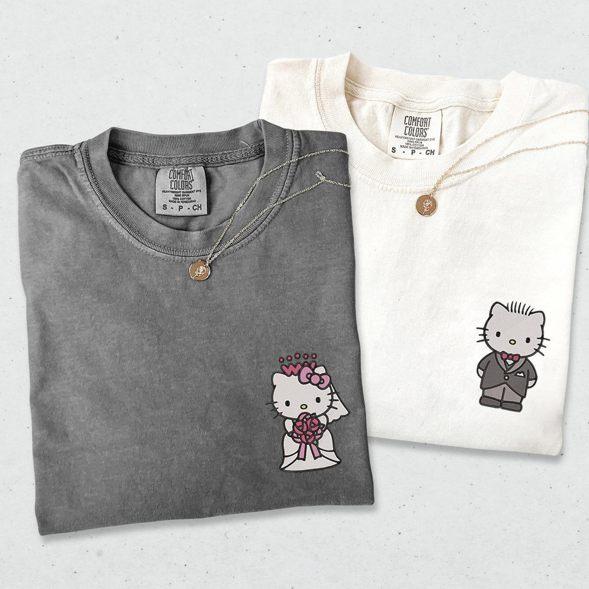 Custom Embroidered Cute Wedding Cartoon Kitten Matching T-shirts for Couples