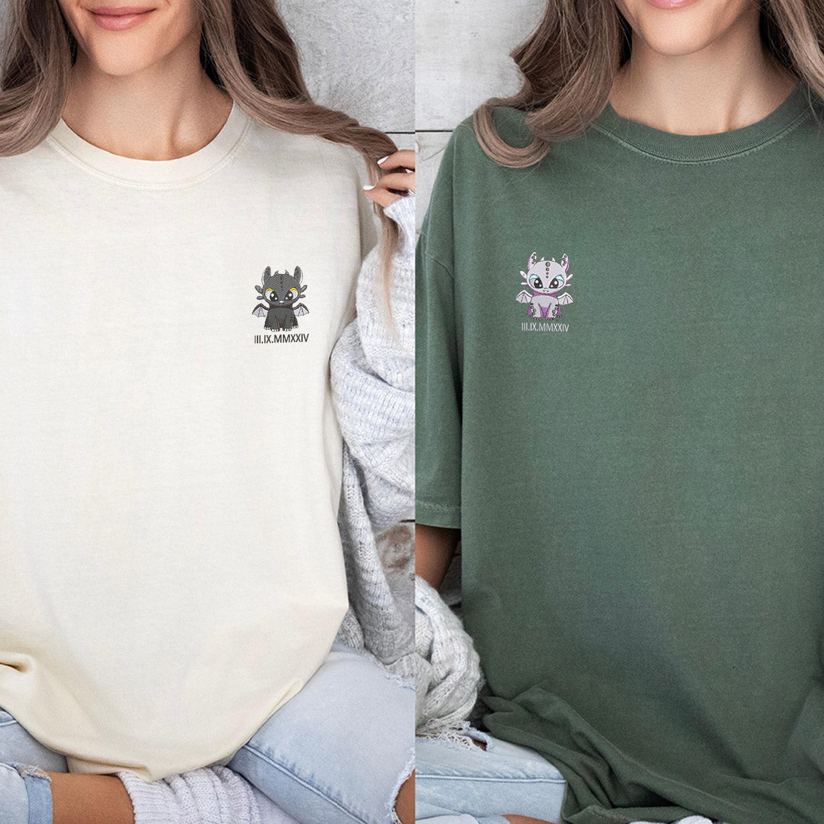 Custom Embroidered Dragon's Lovely Characters Matching T-shirts for Couples