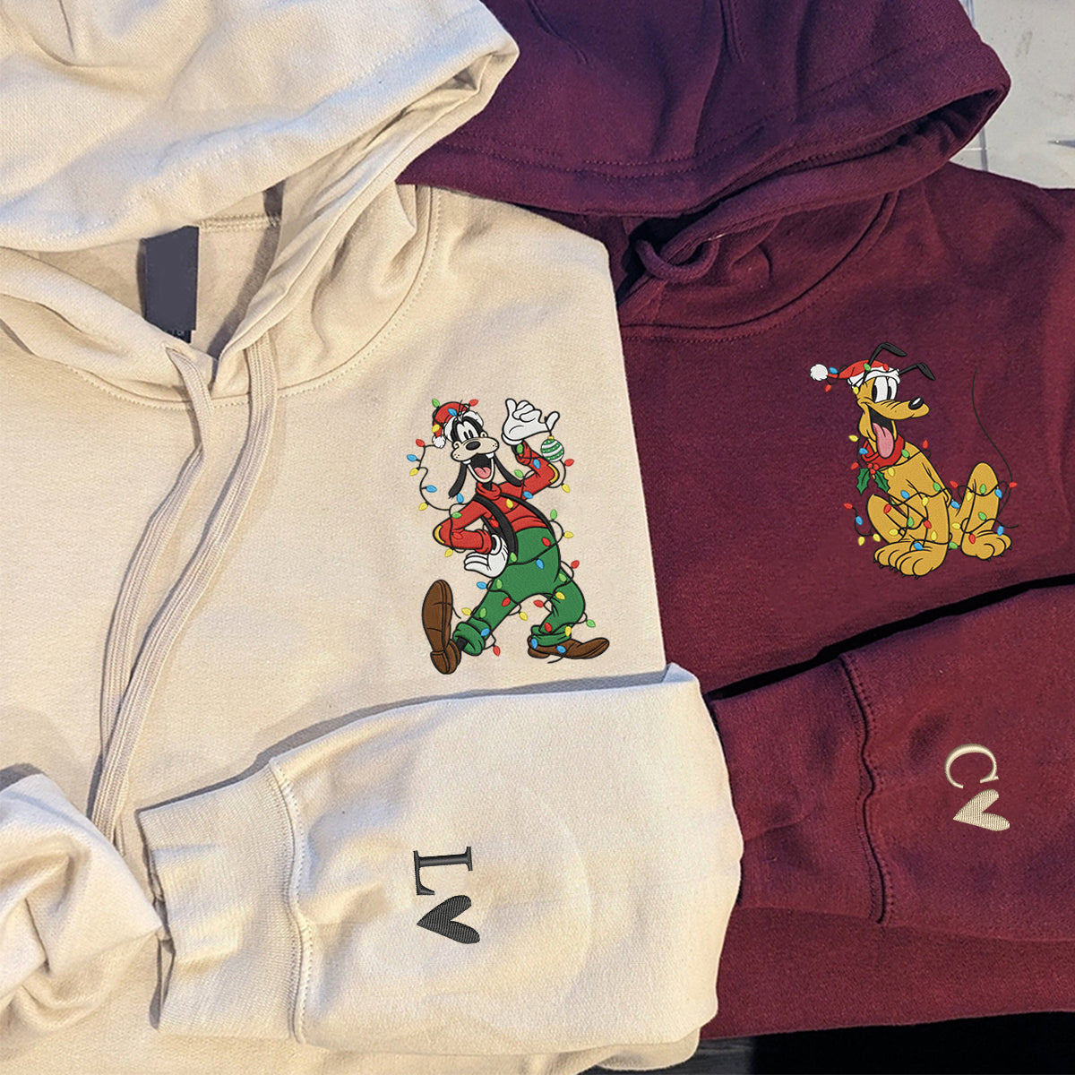 Custom Embroidered Funny Cartoon Dog and Yellow Pup Christmas Lights Sweatshirt, Cozy Holiday Hoodie Matching for Couples