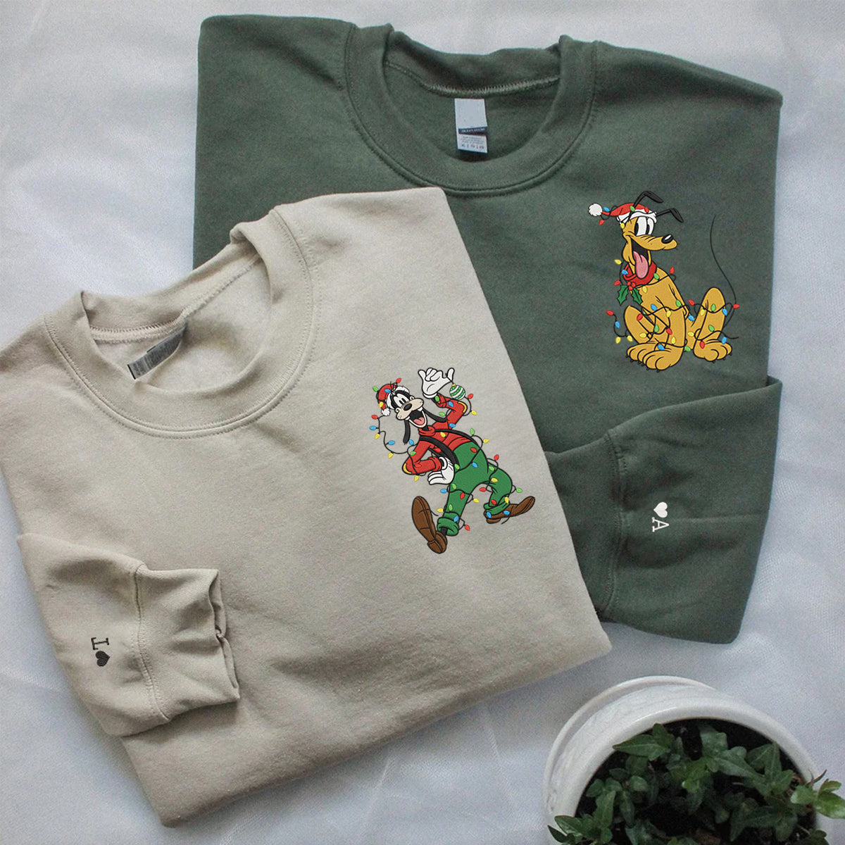 Custom Embroidered Funny Cartoon Dog and Yellow Pup Christmas Lights Sweatshirt, Cozy Holiday Hoodie Matching for Couples