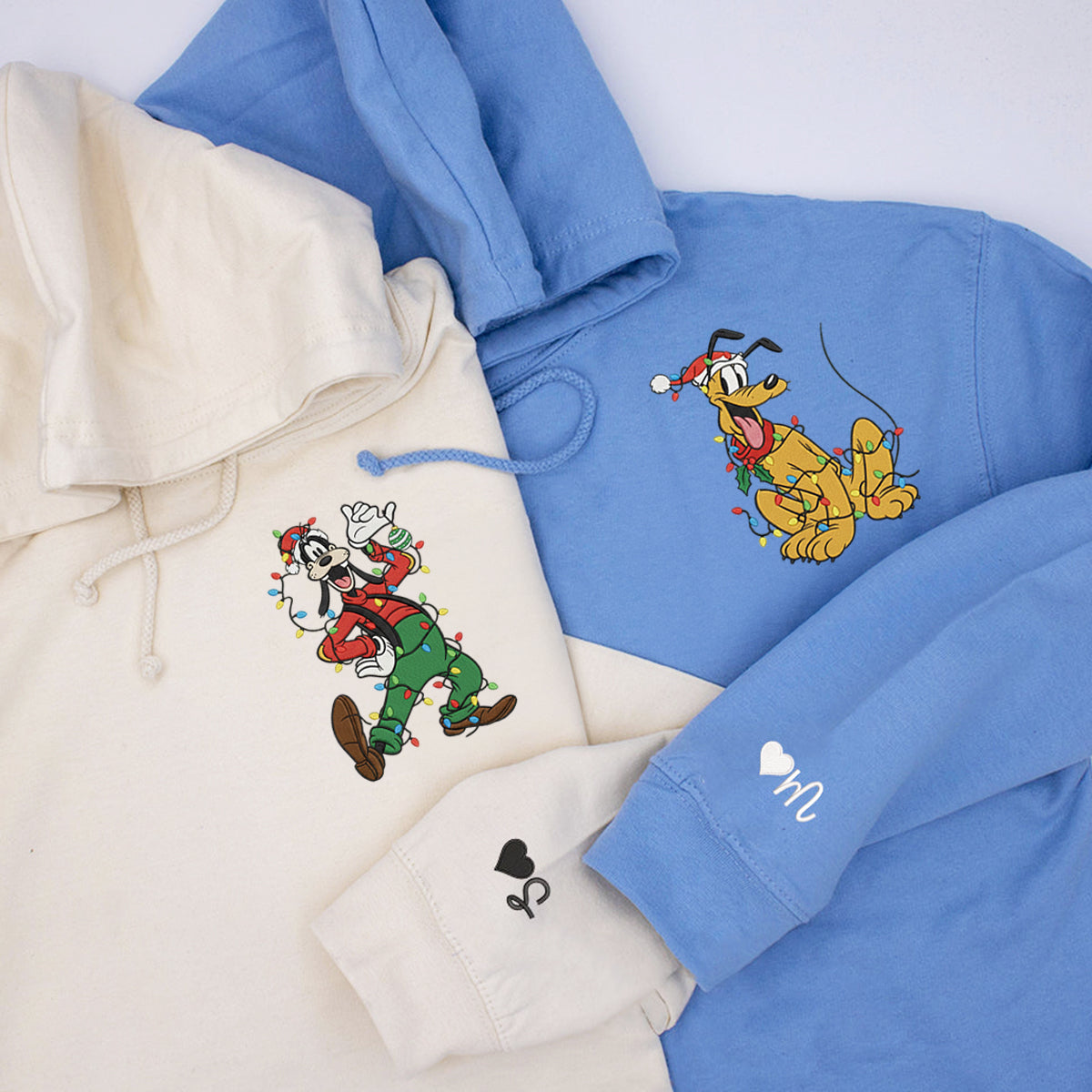 Custom Embroidered Funny Cartoon Dog and Yellow Pup Christmas Lights Sweatshirt, Cozy Holiday Hoodie Matching for Couples
